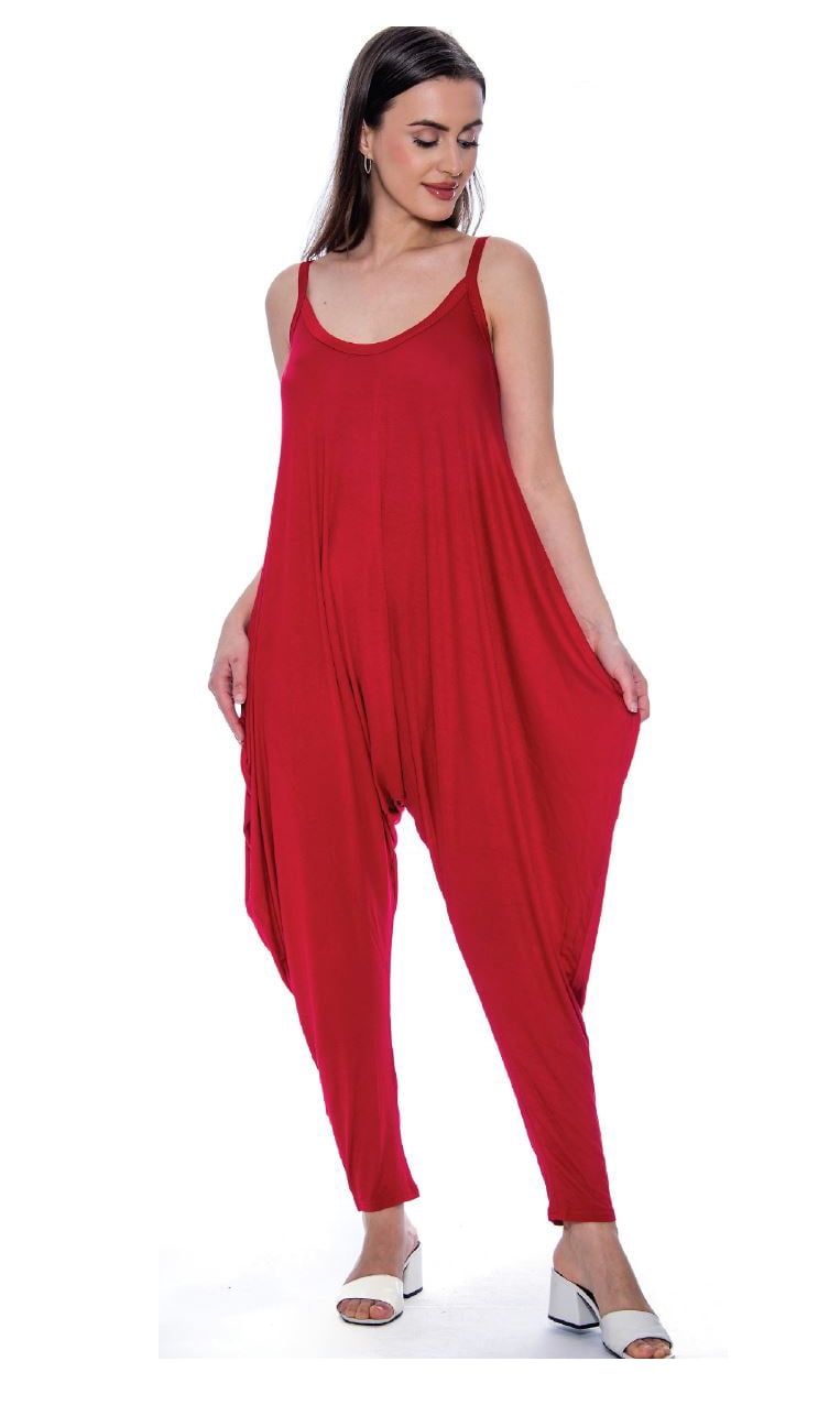 9 Crowns Women's TR Harem Pant Capri Jumper Romper (Red, Small ...