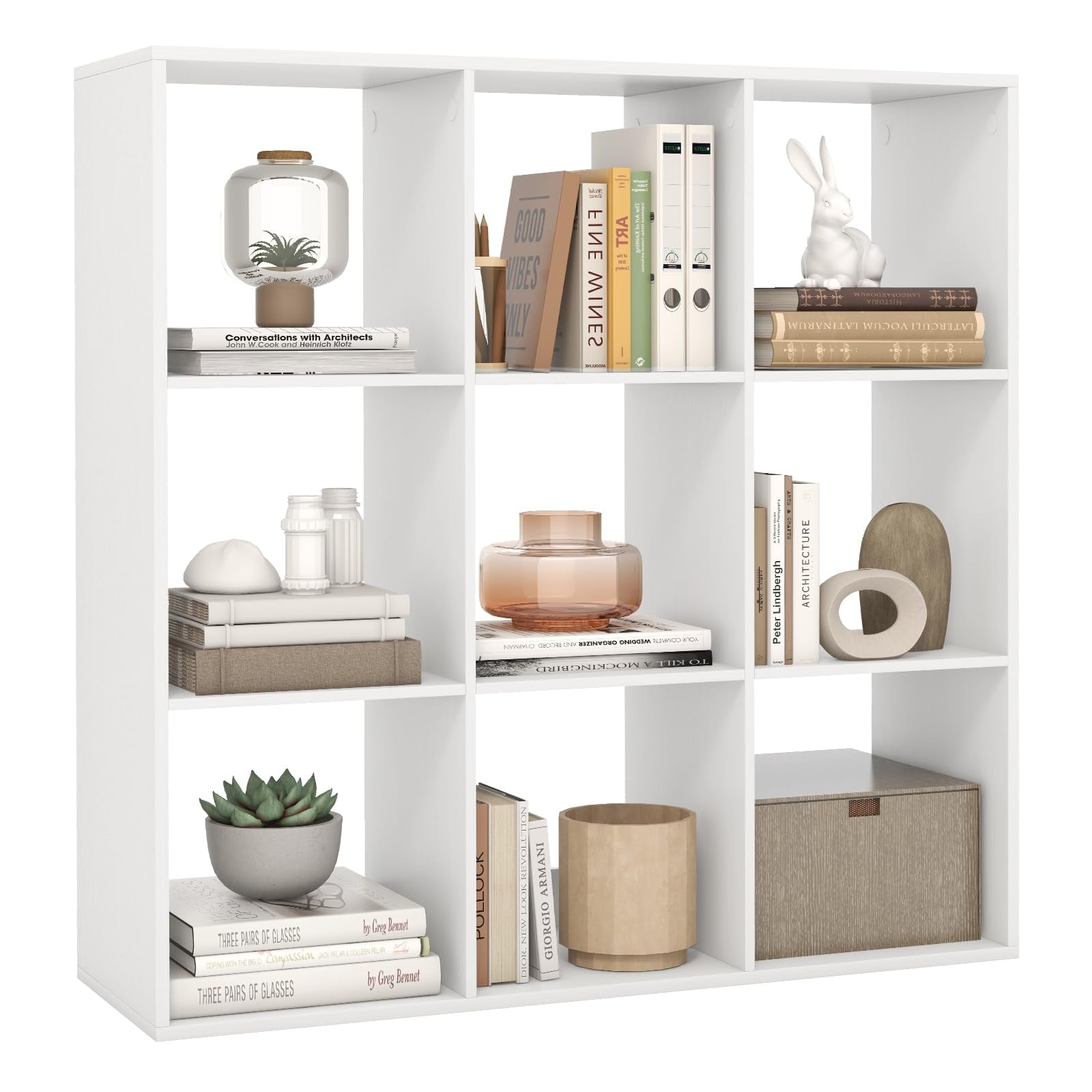 9 Cube Bookcase with Back Guardrail, White Freestanding Storage Shelf