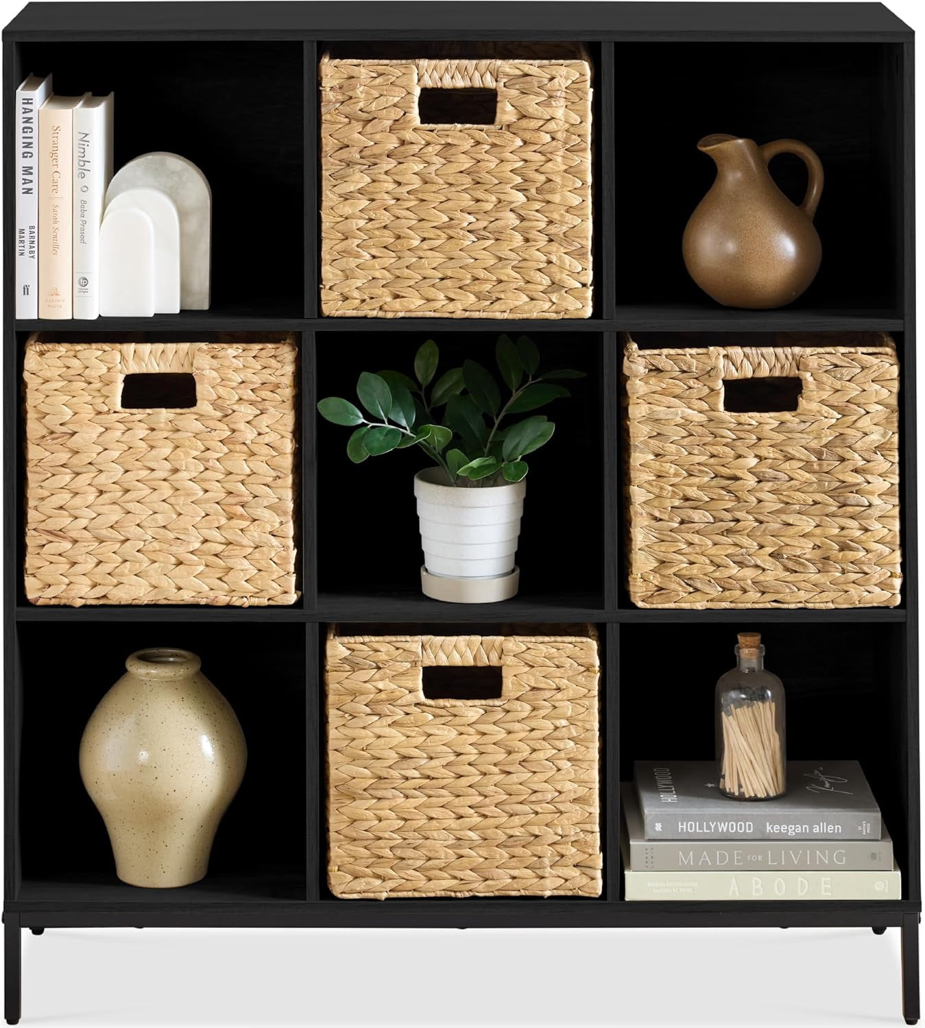 9-Cube Bookshelf, 3-Tier Wood Storage Bookcase W/Legs, 11in Shelf Opening, Cube Organizer, Living Room, Office, Nursery – Black