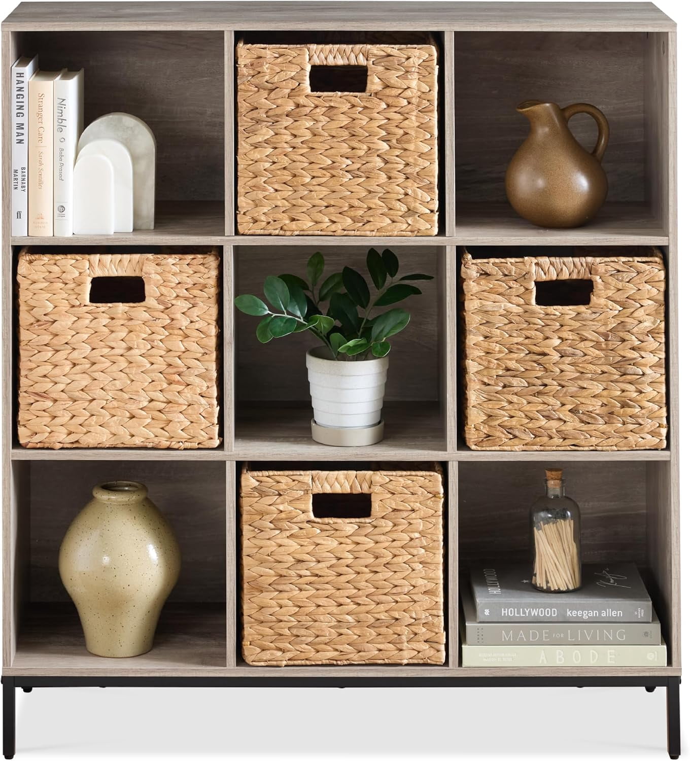 9-Cube Bookshelf, 3-Tier Wood Storage Bookcase W/Legs, 11in Shelf Opening, Cube Organizer, Living Room, Office, Nursery - Greige
