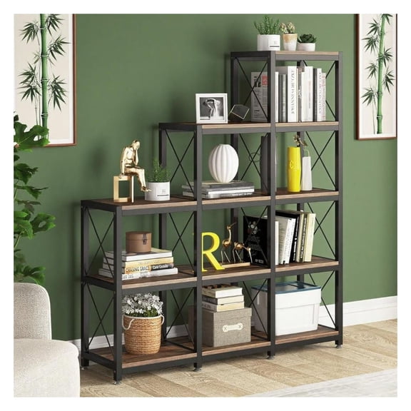 9-Cube Bookshelf, Stepped Bookshelf with Metal Frame, Vintage Corner Etagere Bookcase, Ladder Shelf for Home Office, Living Room, Modern Display Shelves
