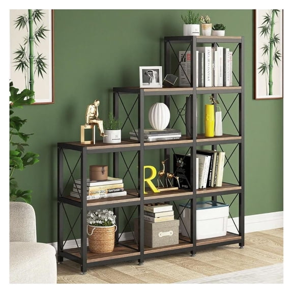 9 Cube Bookshelf, Stepped Bookshelf with Metal Frame, Vintage Style Corner Etagere Bookcase, Open Back Shelves for Living Room, Home Office, Small Space