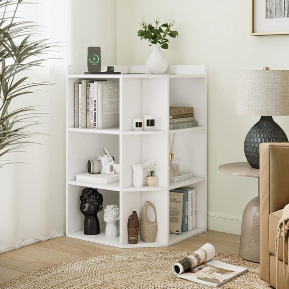 9 Cube Corner Bookshelf with Charging Station, White Wooden Storage Shelf for Living Room