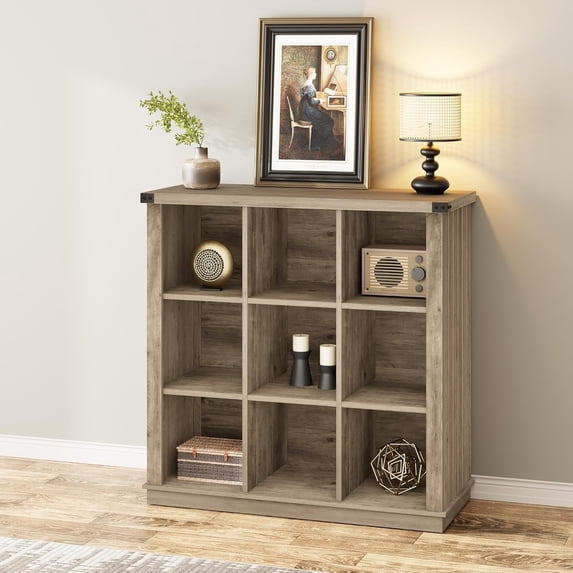 9 Cube Farmhouse Bookshelf, 3 Tier Wood Storage Organizer, Rustic Minimalist Floor Display Cabinet for Living Room, Bedroom, Home Office, Grey