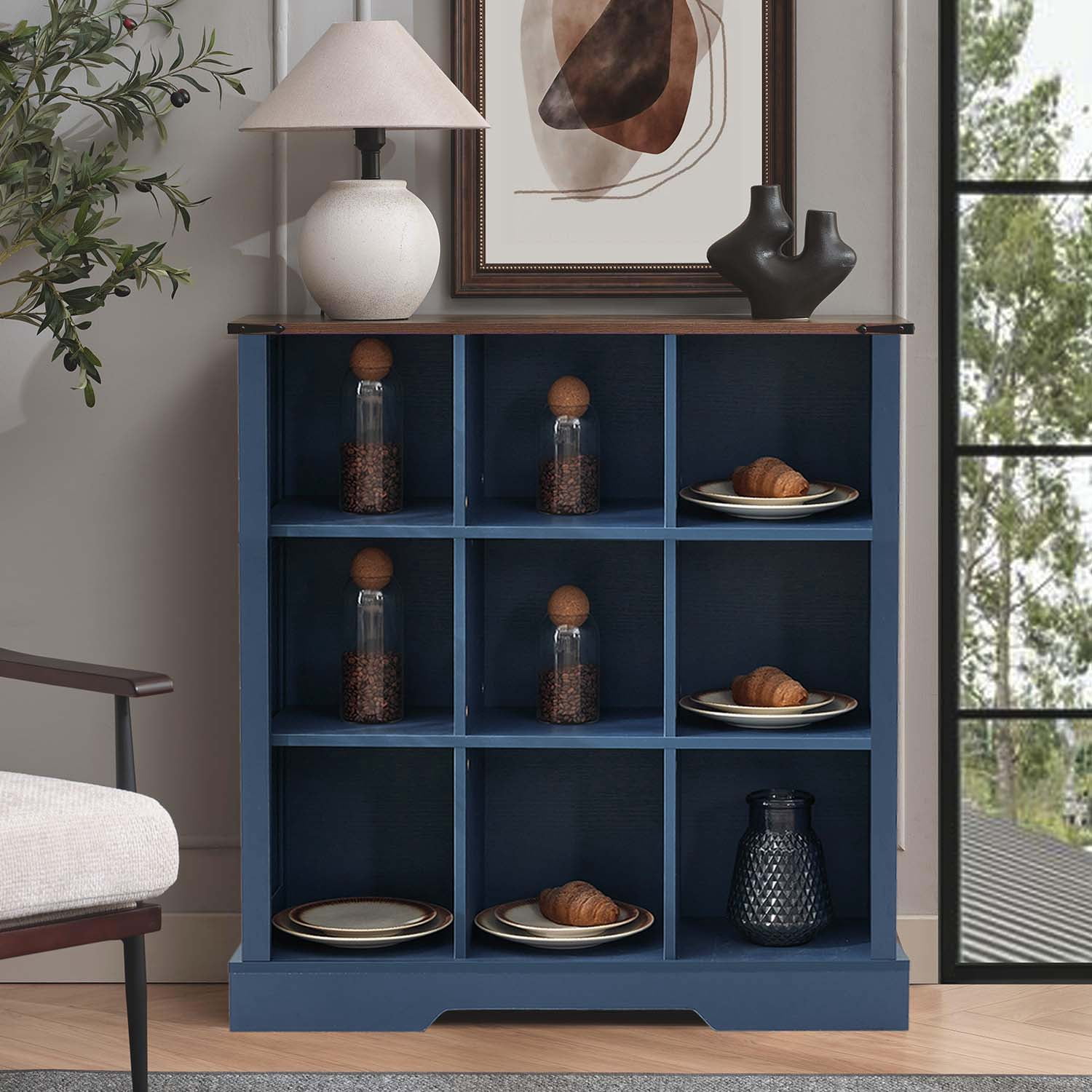 9-Cube LED Bookshelf - Mid-Century Modern Wood Storage Shelf for Bedroom, Living Room & Office, Blue