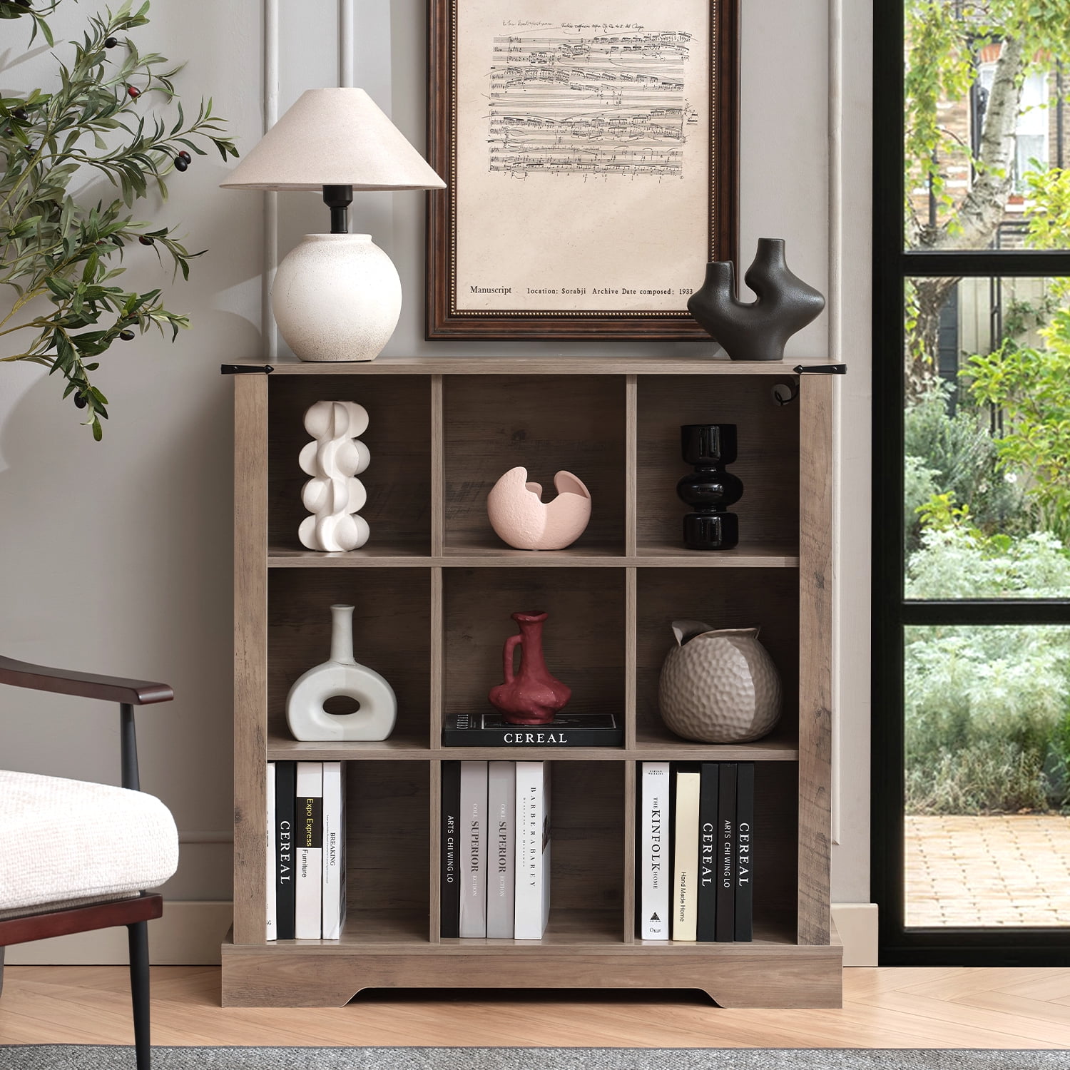 9-Cube LED Bookshelf - Mid-Century Modern Wood Storage Shelf for Bedroom, Living Room & Office, Gray