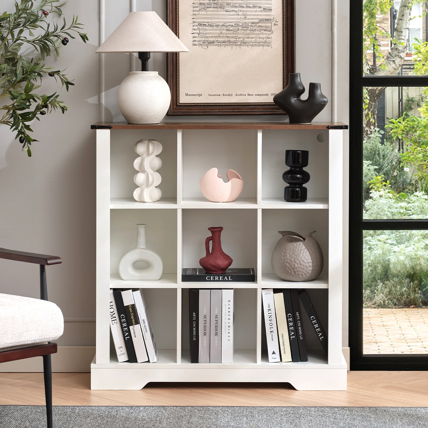 9-Cube LED Bookshelf - Mid-Century Modern Wood Storage Shelf for Bedroom, Living Room & Office, White