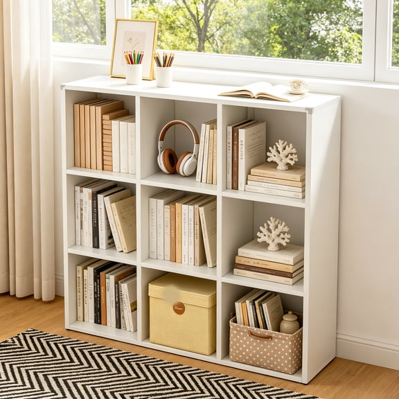 9-Cube Metal Bookshelf, White Open Display Storage Organizer, Tool-Free Assembly Freestanding Shelf for Living Room Bedroom Home Office