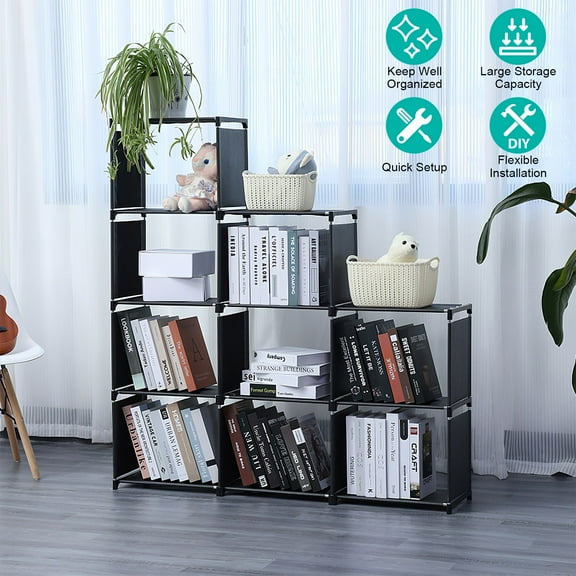 9 Cube Office Plastic Storage Shelves, Bedroom DIY Bookcase Organizer Storage Black