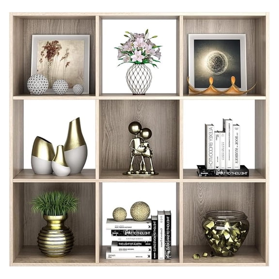 9 Cube Open Shelf Bookcase, 3 x 3 Storage Organizer Shelf with 5 Removable Back Panels Wood Bookshelf System for Home, Office, Bedroom, Living Room, Oak