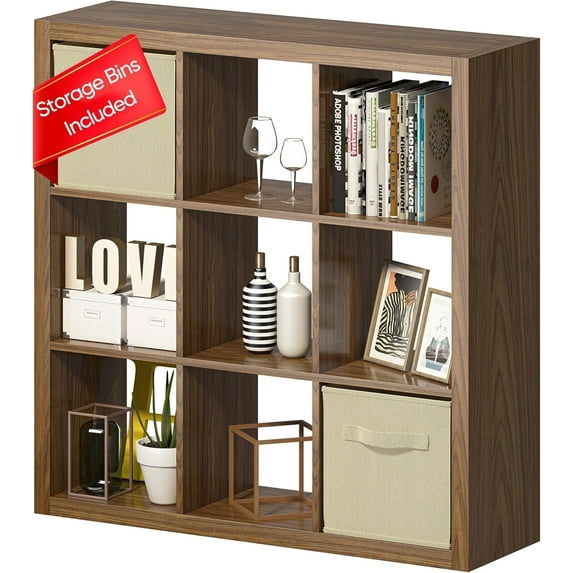 9 Cube Shelf, Closet Storage Organizers, Modern Open Bookcase with Bins, Multifunctional Display Cube Bookshelves for Living Room, Bedroom, Home Office, Classic Oak