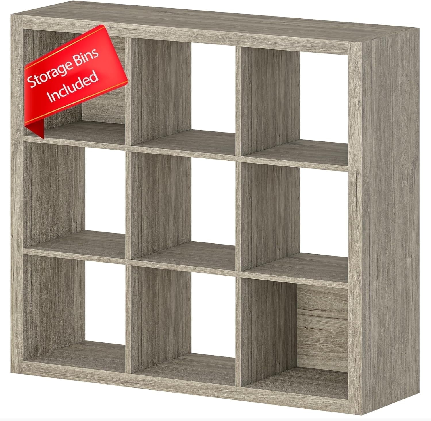 9 Cube Shelf, Closet Storage Organizers, Modern Open Bookcase with Bins, Multifunctional Display Cube Bookshelves for Living Room, Bedroom, Home Office, Gray Oak