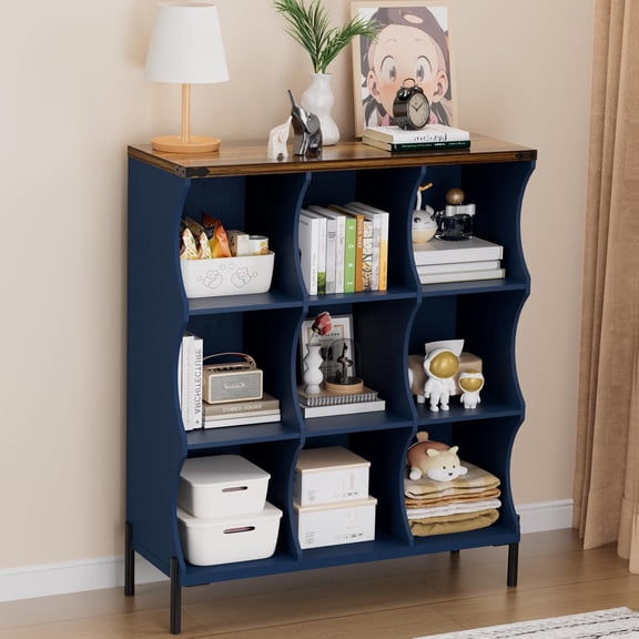 9 Cube Shelf Short Bookshelf, Cube Storage Organizer Low DVD Display Cabinets, Wood TV Stand Entryway Table for Living Room, Office, Bedroom, Dorm, Blue with Natural Top