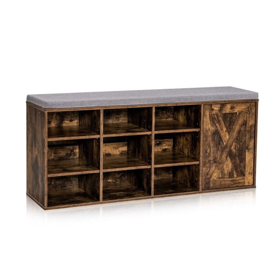 9-Cube Shoe Bench with Adjustable Shelves & Cushion - Entryway Storage Organizer - Rustic Brown, White, Gray