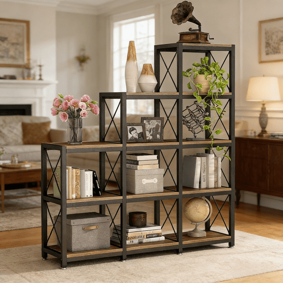 9 Cube Stepped Ladder Bookcase Industrial Vintage Style Storage Shelf Space Saving Multi Height Design Open Display Unit for Small Apartments Home Office Living Room Corner Decor Easy Assembly