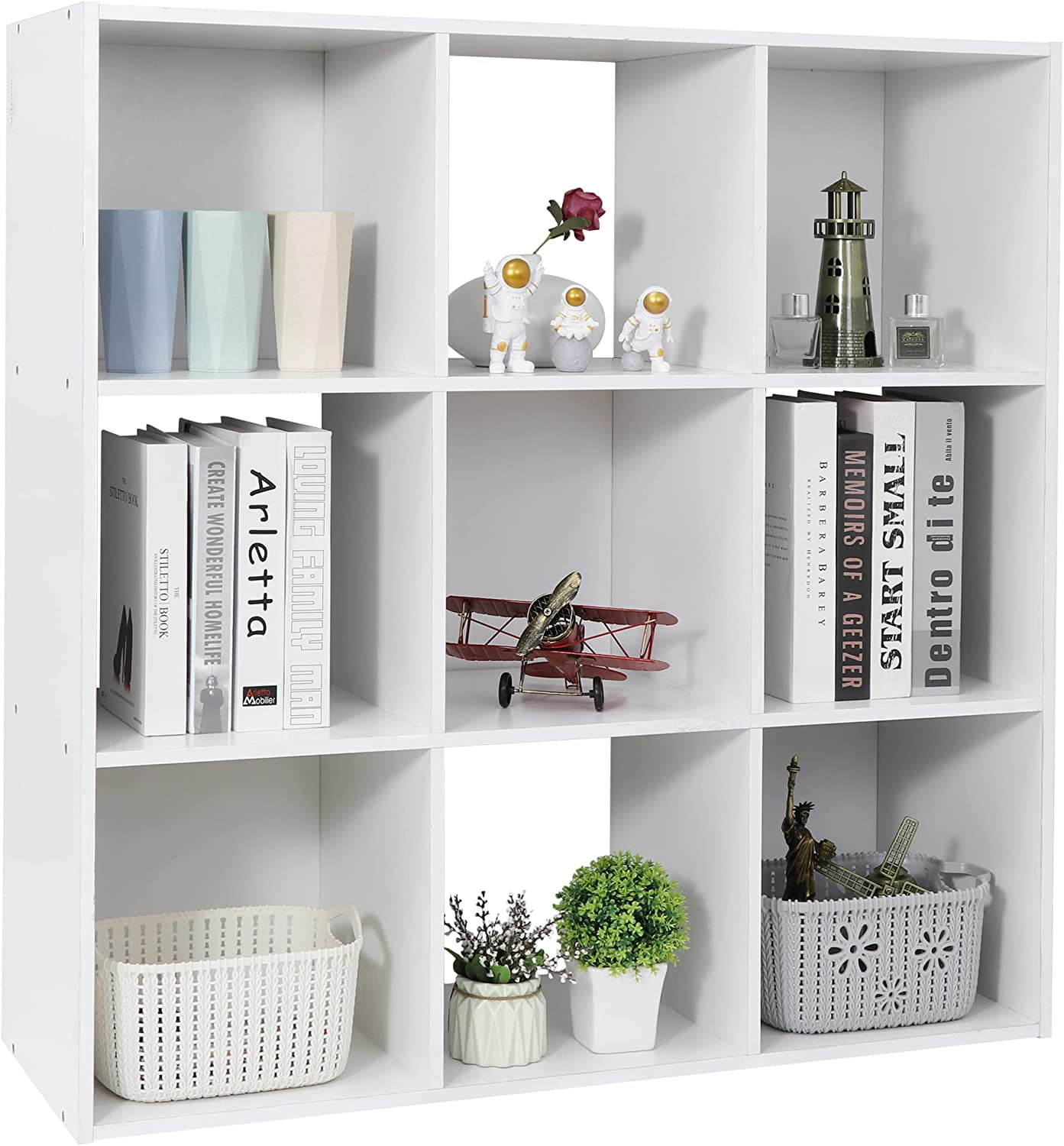9 Cube Storage Organizer 11 inch Cube Storage Shelf 3 x 3 Wood Bookcase Display Bookshelf with 5 Removable Back Panels for Kids Children Home, Office, Bedroom, Living Room, White