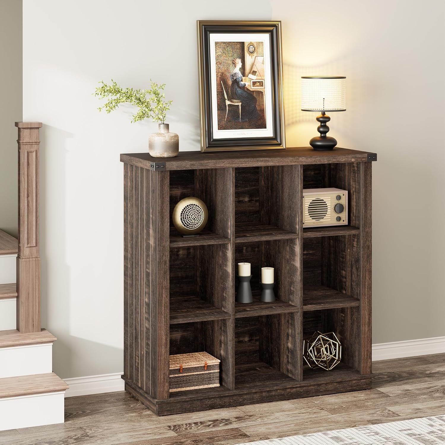 9 Cube Storage Organizer Bookshelf, 4 Tier Farmhouse Horizontal Bookcase, 37.4 Inch Wood Storage Bookcase for Entryway, Long Low Bookshelves for Living Room