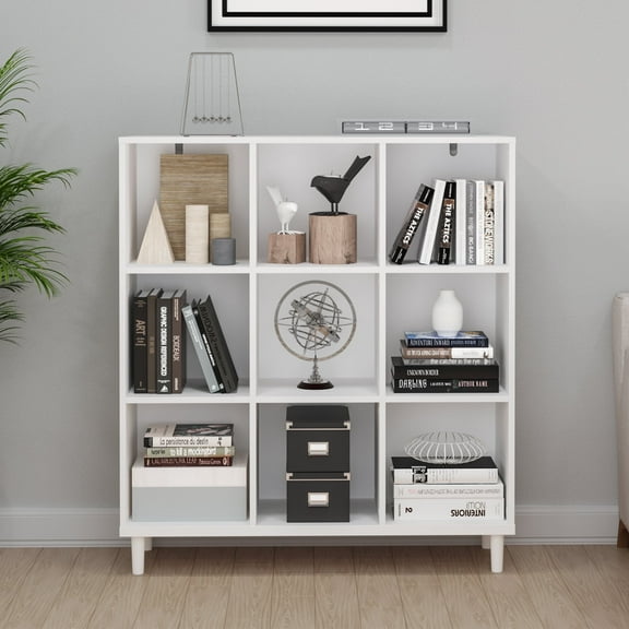 9-Cube Book Shelfs Book Cases with Legs,Bookcase Cube Display Shelf,3-Tier Cubical Storage Shelves,White