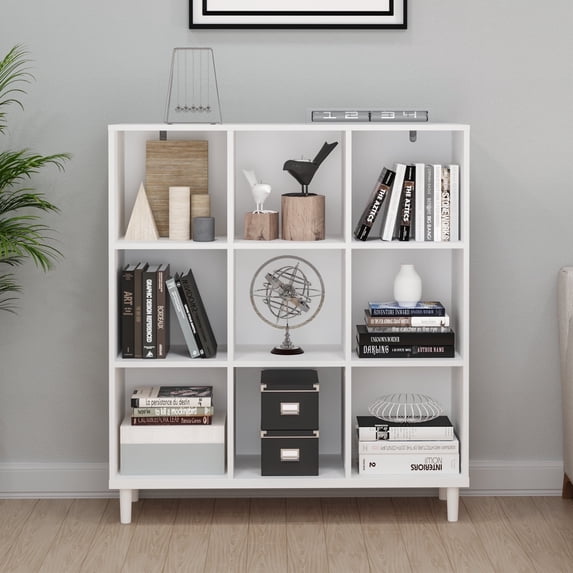 9-Cube Book Shelfs Book Cases with Legs,Bookcase Cube Display Shelf,3-Tier Cubical Storage Shelves,White