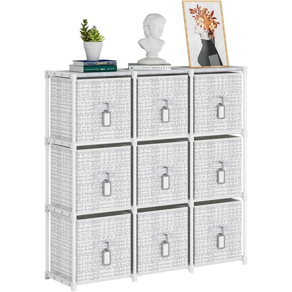 9 Cube Storage Organizer with Printed Drawers, Toy Cubby Storage for Closet, Living Room, Dorm - White