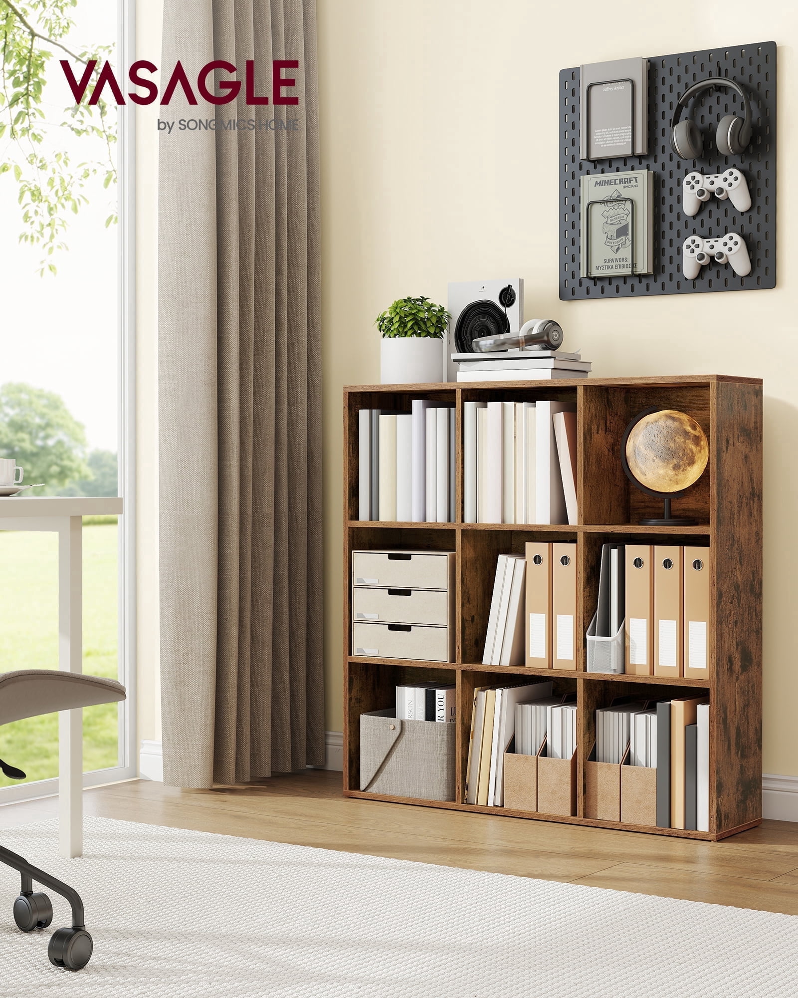 9-Cube Storage Shelf, 38.6 Inch Organizer Bookcase with 9 Compartments & Anti-Tip Kit, Square Storage Unit for Living Room Home Office, Rustic Brown