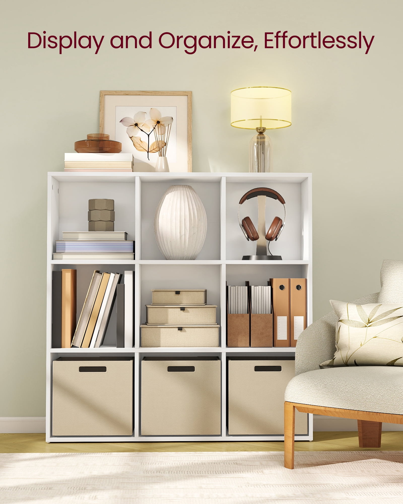 9-Cube Storage Shelf, 38.6 Inch Tall Bookcase with 9 Compartments & Anti-Tip Kit, Square Organizer for Living Room Home Office, Cloud White