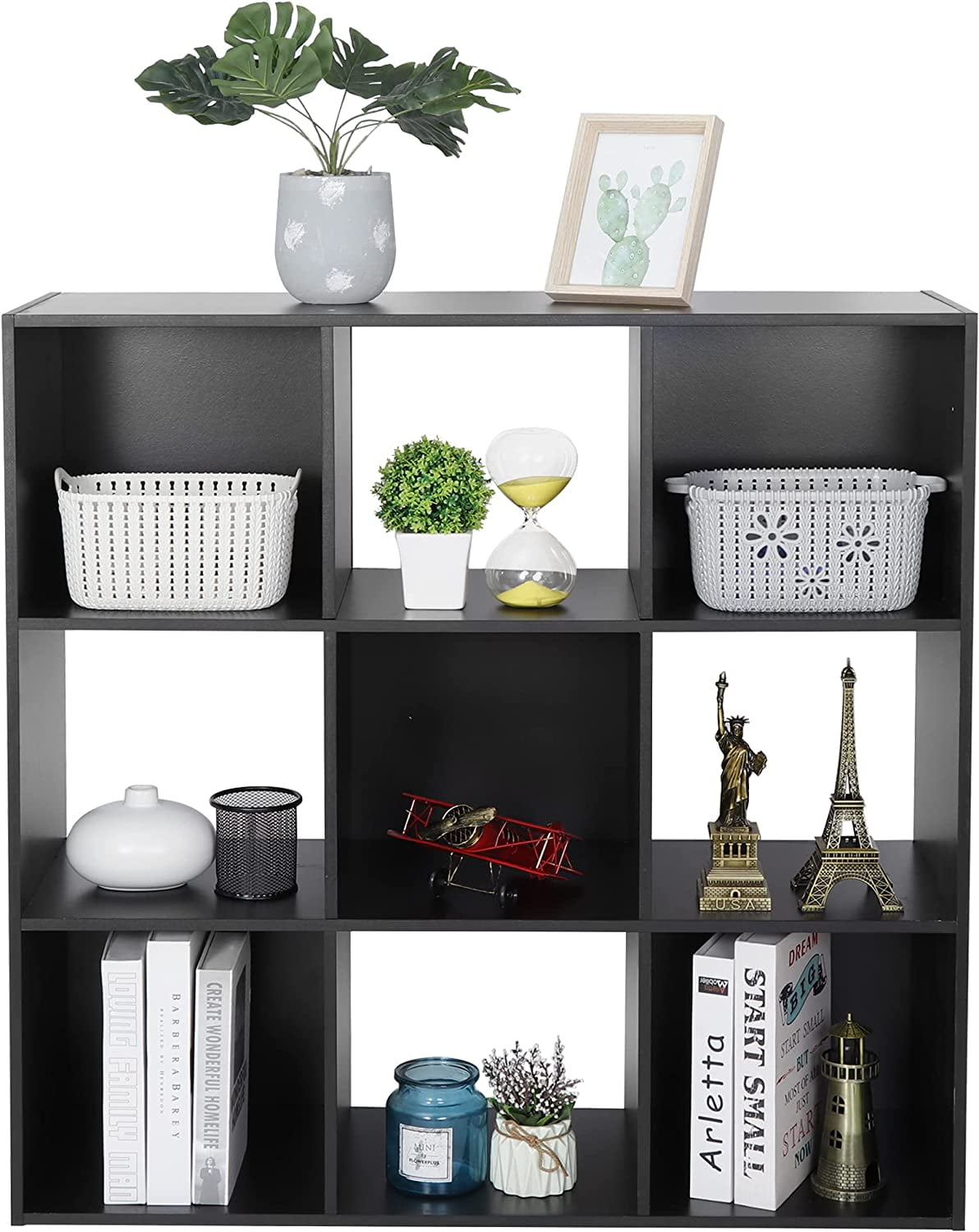 9 Cube Storage Shelf Organizer, Wooden Bookshelf System Display Cube Shelves Compartments, Customizable W/ 5 Removable Back Panels (Black)