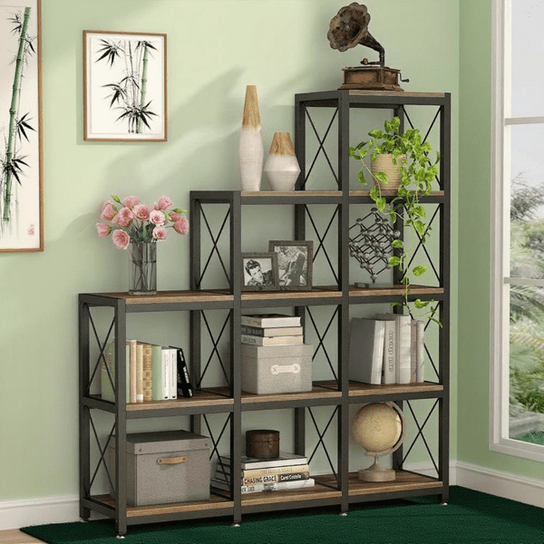9-Cube Vintage Ladder Bookcase, Stepped Staircase Design, Space-Saving Etagere for Home/Office, Easy Assembly