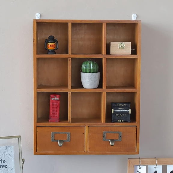 9 Cubes Grids Wooden Shelf Bookcase 2-Drawer Pine Storage Bookshelf Brown Vintage Shelves Office Organizer Cabinet 13x4x16.7in