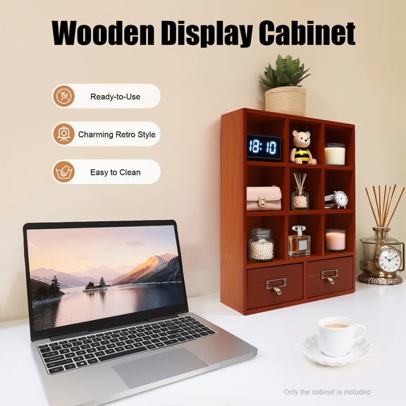 9 Cubes Grids Wooden Shelf Bookcase 2-Drawer Pine Storage Bookshelf Brown Vintage Shelves Office Organizer Cabinet 13x4x16.7in