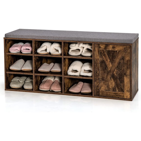 9 Cubes Shoe Bench with Storage, Adjustable Shelves Storage Bench Rack with Removable Padded Cushion, 3 Tier Shoe Storage Bench with Cabinet for Entryway, Hallway, Rustic Brown