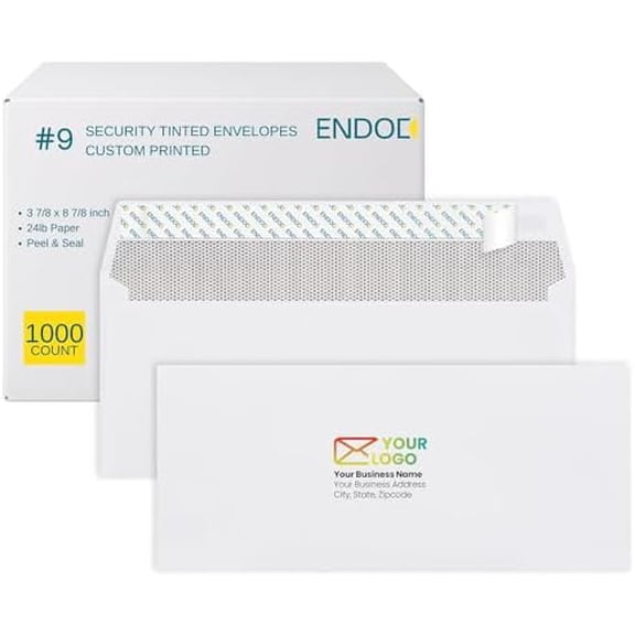 #9 Custom Printed Security Envelopes Self Seal 1000 Pack, customized with your Address and Logo Envelopes Peel & Seal, Privacy Tinted, 24 lb Heavy Duty Paper, 8 7/8 x 3 7/8 Inches$$Office