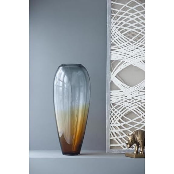 9" D x 20" Tall Artisan Glass Vase in Brown Clear & Black Wide Stripes Earthy Tabletop or Shelf Accent Transitional Home Decor Centerpiece Art Glass Flower Vase$$Home Decor, Kitchen, & Other