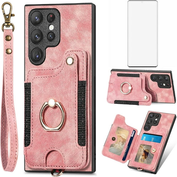 9 DIGITAL Wallet Case for Samsung Galaxy S22 Ultra 5G with Screen Protector, Pink