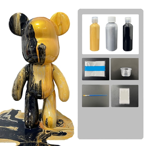 9" DYI Create customize Art and Craft kit Non-Toxic Pour Over Acrylic Paint Bear Kit-Black-Silver-Gold