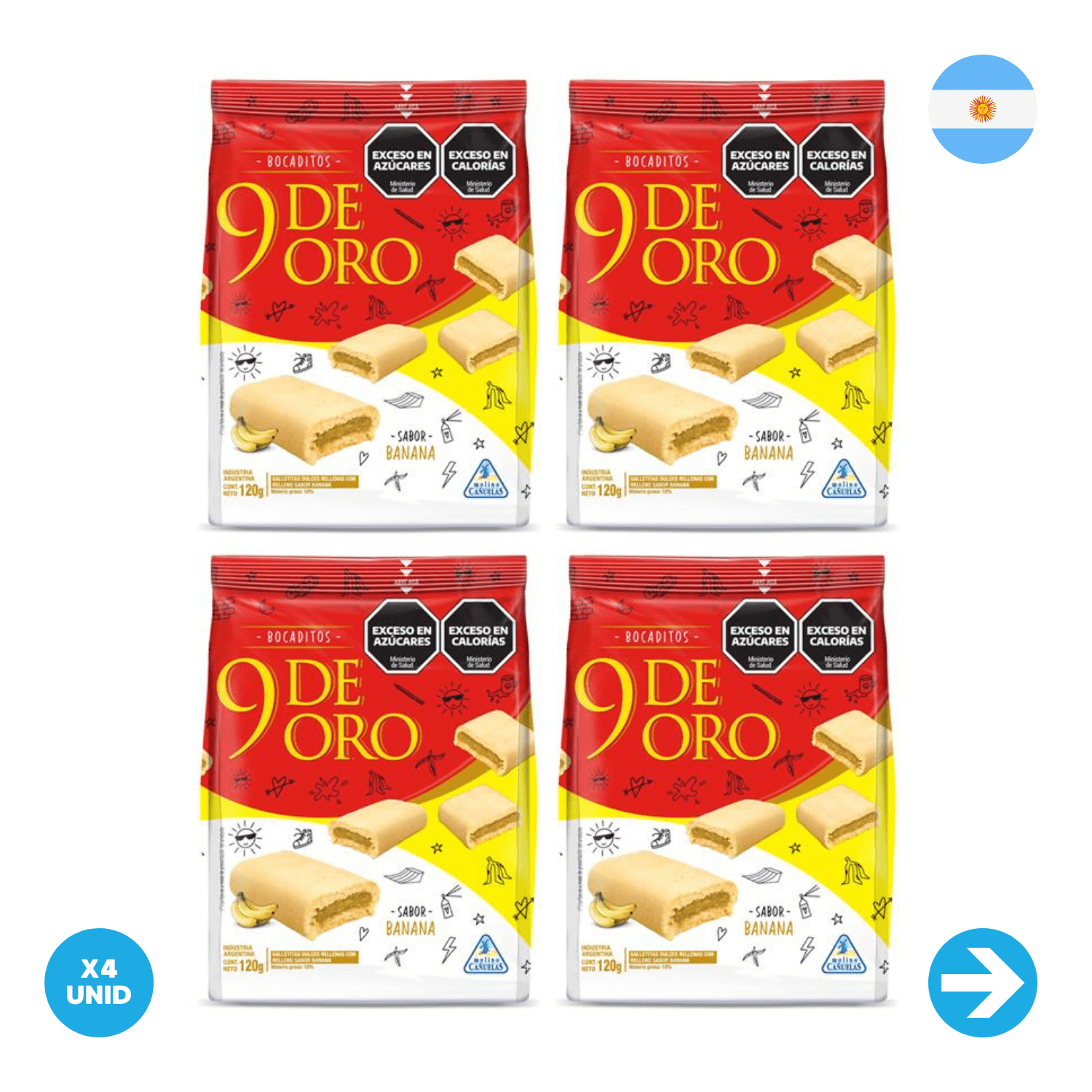9 De Oro - Bocaditos Rellenos Sabor Banana 120g x4 Unid