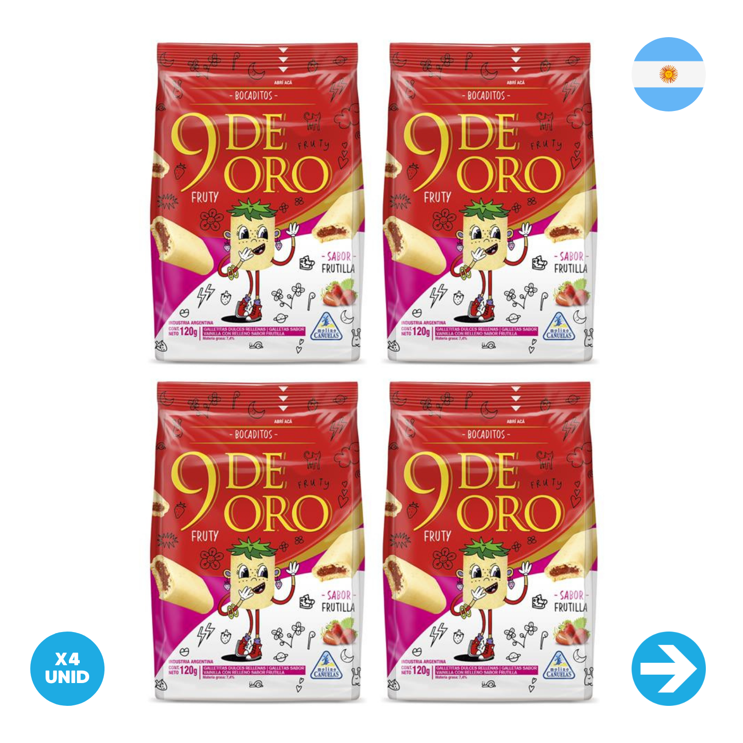 9 De Oro - Bocaditos Rellenos Sabor Frutilla 120g x4 Unid