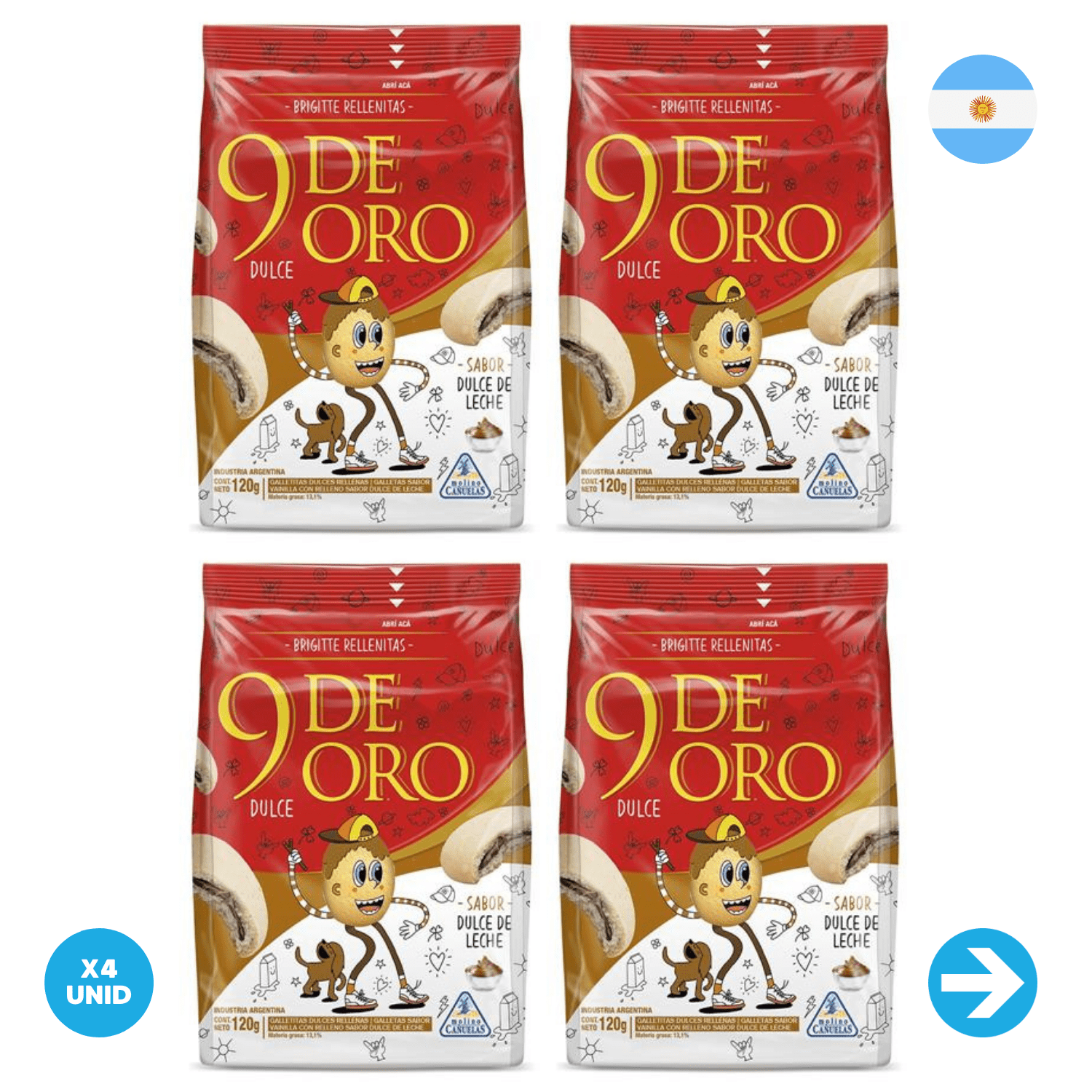 9 De Oro - Bocaditos Vainilla Rellenos con Dulce de Leche 120g x4 Unid