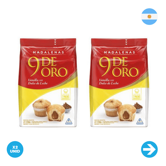 9 De Oro - Madalenas Rellenas Con Dulce De Leche 230g x2 Unid