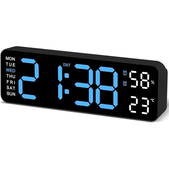 9" Digital Wall Clock with Temperature, Humidity, Weekday Display, LED, Desk or Wall Use