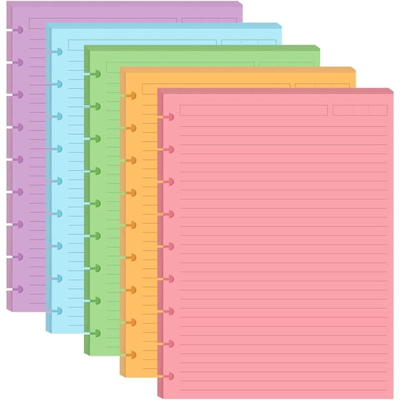 9-Disc Discbound 5 Colorful Line Paper Pre-punched Happy Planners Inserts, 100Sheets/200Pages Classic Size Line Loose-Leaf Paper, Per Color 20 Sheets, 7" x 9.25"
