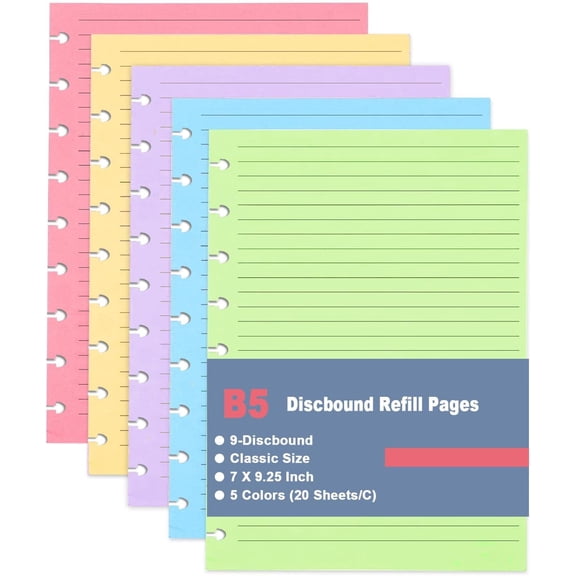 9 Discbound Lined Colorful Refills Paper, 100Sheets/200Pages, 9 Disc Pre-Punched Happy Planner Inserts, Classic Size, 5-Color Refills Paper, Per Color 20 Sheets, 7" x 9.25"