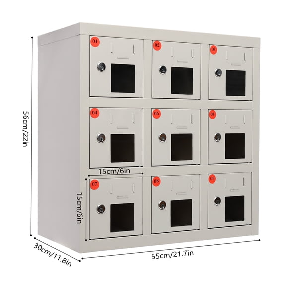 9-Door Cell Phone Locker with Individual Charging Outlets, Metal Phone Storage Cabinet with Keyed Locks, Employee Lockers for School, Factory, Gym, Government (See-Through Style, 9 Doors)