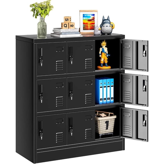 9-Door Lockable Steel Storage Locker with Card Slots and Vents, Black