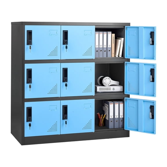 9 Door Metal Locker, Steel Storage Cabinet with 2 Keys, 66lbs Capacity - Office, School, Gym - 35.4 x 17.7 x 37in, Black