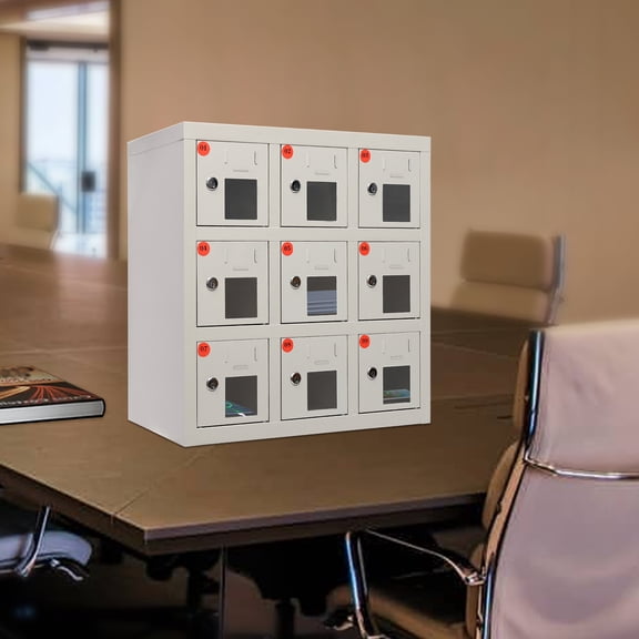 9-Door Mobile Phone Storage Charging Cabinet with Individual Sockets & Locks, Secure Locker for Phones/ Tablets, Anti-Interlocking Key System, Acrylic Window, for Schools/ Offices/ Factories
