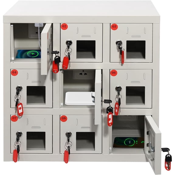 9 Doors Cell Phone Locker Box for Classroom with Charging Station and Keys Cell Phone Storage Cabinet Wall Mounted Metal Phone Jail for Factory Office