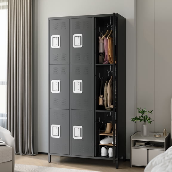 9 Doors Metal Lockers for Employees, Black Metal Storage Cabinet With 27 Hooks/9 Shelves and Lockable, 72 Inch Tall Storage Locker for Gym, School, Classroom, Home, Bedroom, Office, Industrial