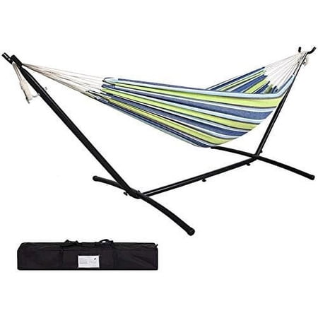 9' Double Cotton Hammock with Space Saving Steel Stand for 2 Persons, Carry Bag Included (Elegant Oasis Stripes)