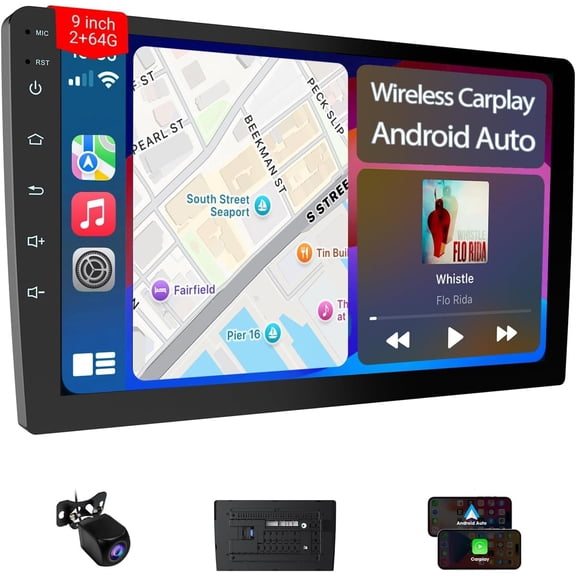 9" Double Din  Stereo -    & ,  Touchscreen  Radio with Backup Camera,  4.1, Mirror Link, 2+64GB, GPS Navigation, Voice Control, WiFi, FM/AM/RDS
